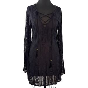 Pily Q Black Cover-Up Dress Floral Deep V-Neck Lace Up Casual Pullover Size M/L